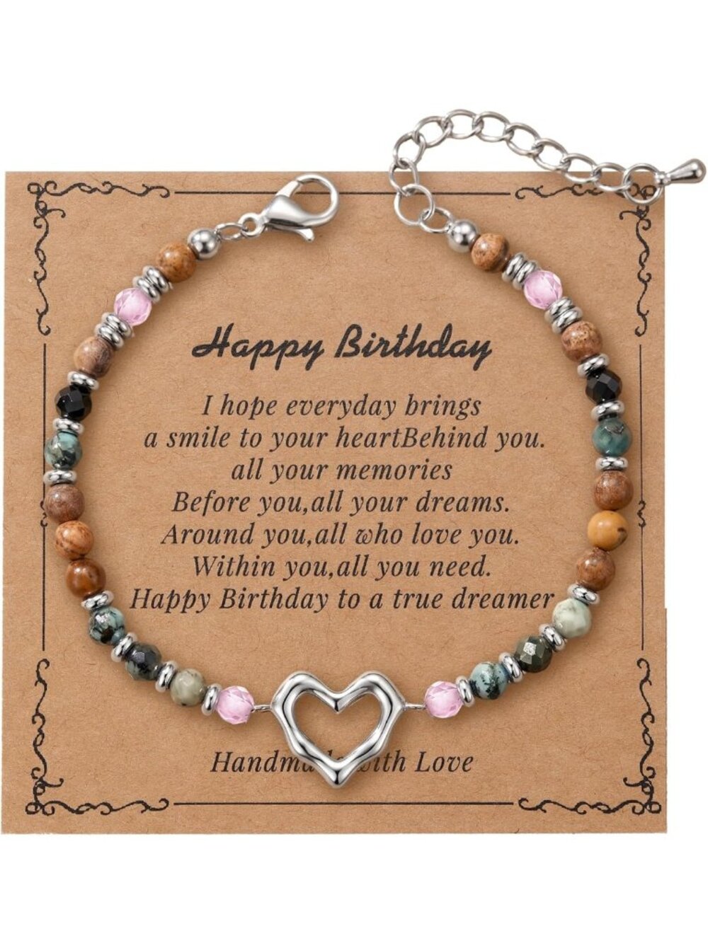 Earth Tone Beaded Bracelet with Heart Charm - Meaningful Gift for Her